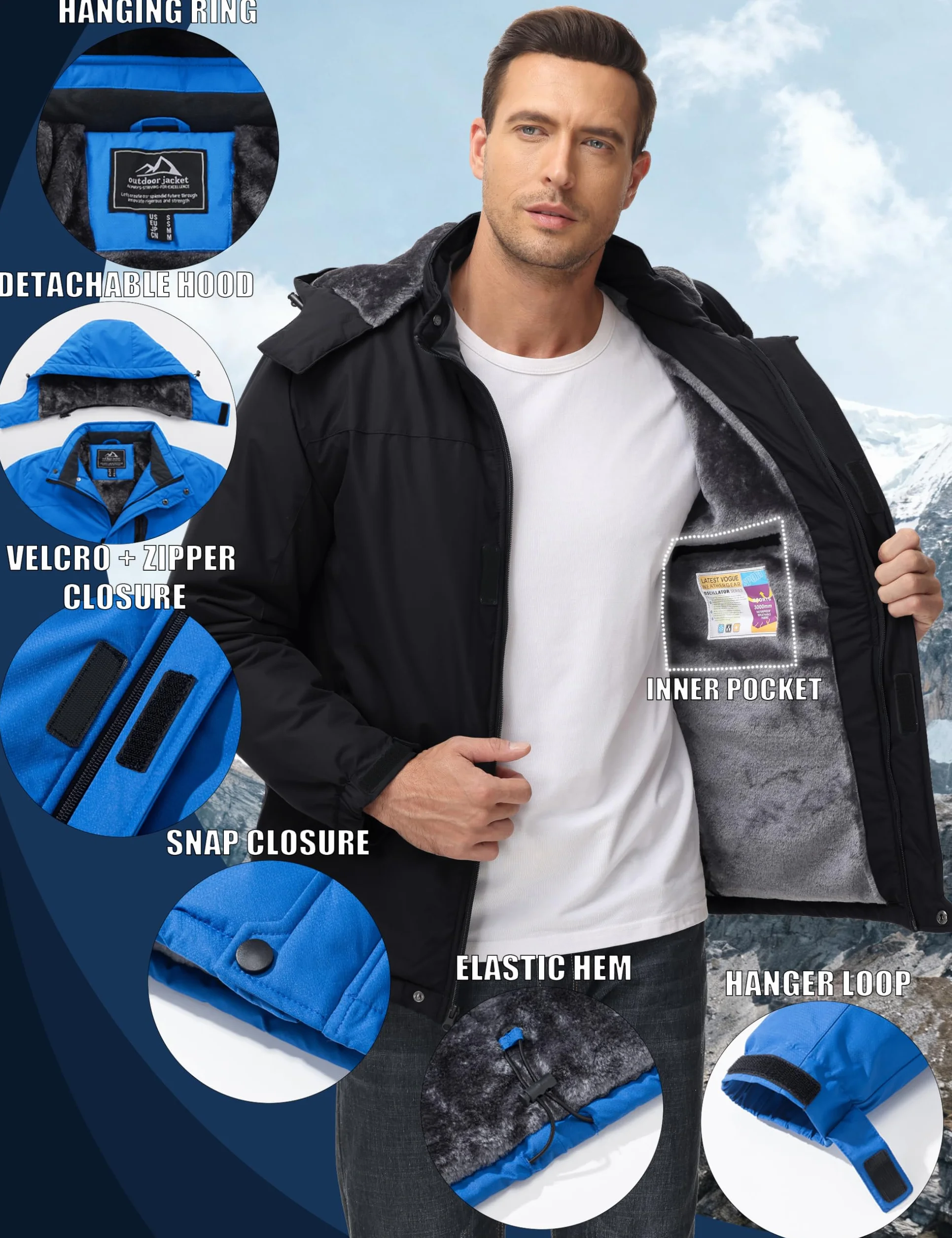 MAGCOMSEN Giacca Invernale da Uomo in Pile Impermeabile, Calda, da Sci, Neve, Antivento, con Cappuccio Staccabile