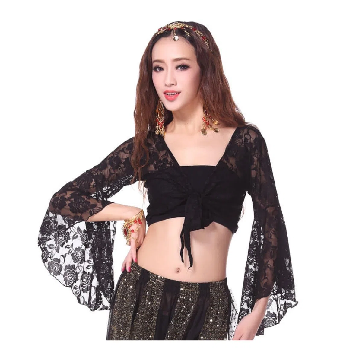 Top da donna per danza del ventre, top avvolgente con maniche svasate a 3/4, top corto con scialle floreale fasciato con nodo per abbigliamento da ballo, top corto con farfalle in pizzo per danza