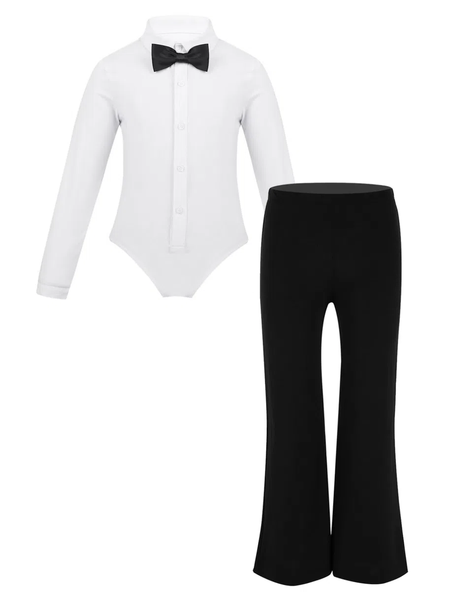 inlzdz Completo da Ballo Bambino Bambina Body Elegante Slim Fit Manica Lunga Camicie Pantaloncini Valzer Tango Cravatta Abbigliamento Danza Classica Latino Samba Rumba