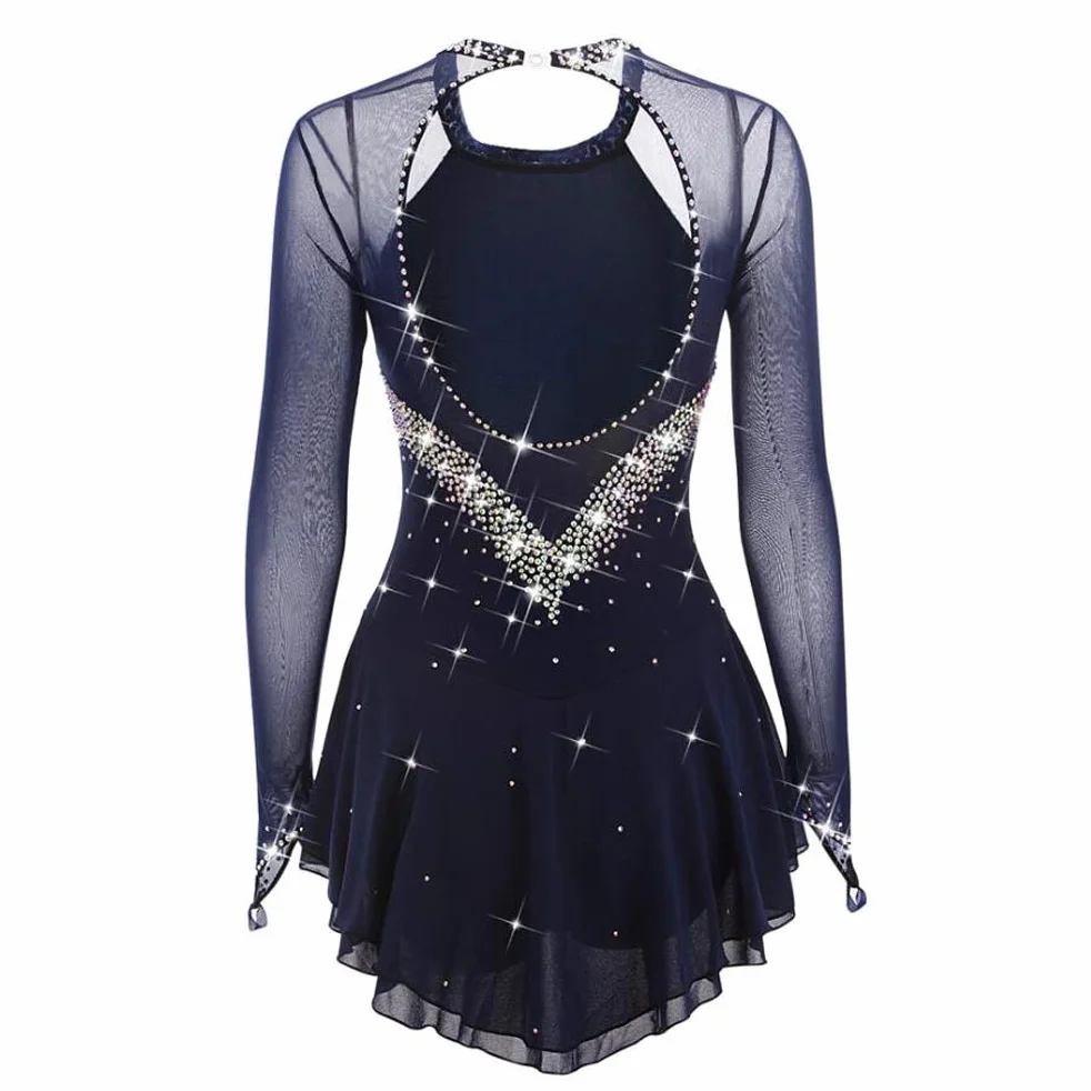 Abito Classico da Gara di Pattinaggio sul Ghiaccio per Ragazze Body per Ginnastica Ritmica Girocollo con Strass Costume da Pattinaggio Artistico sul Ghiaccio Maniche Lunghe