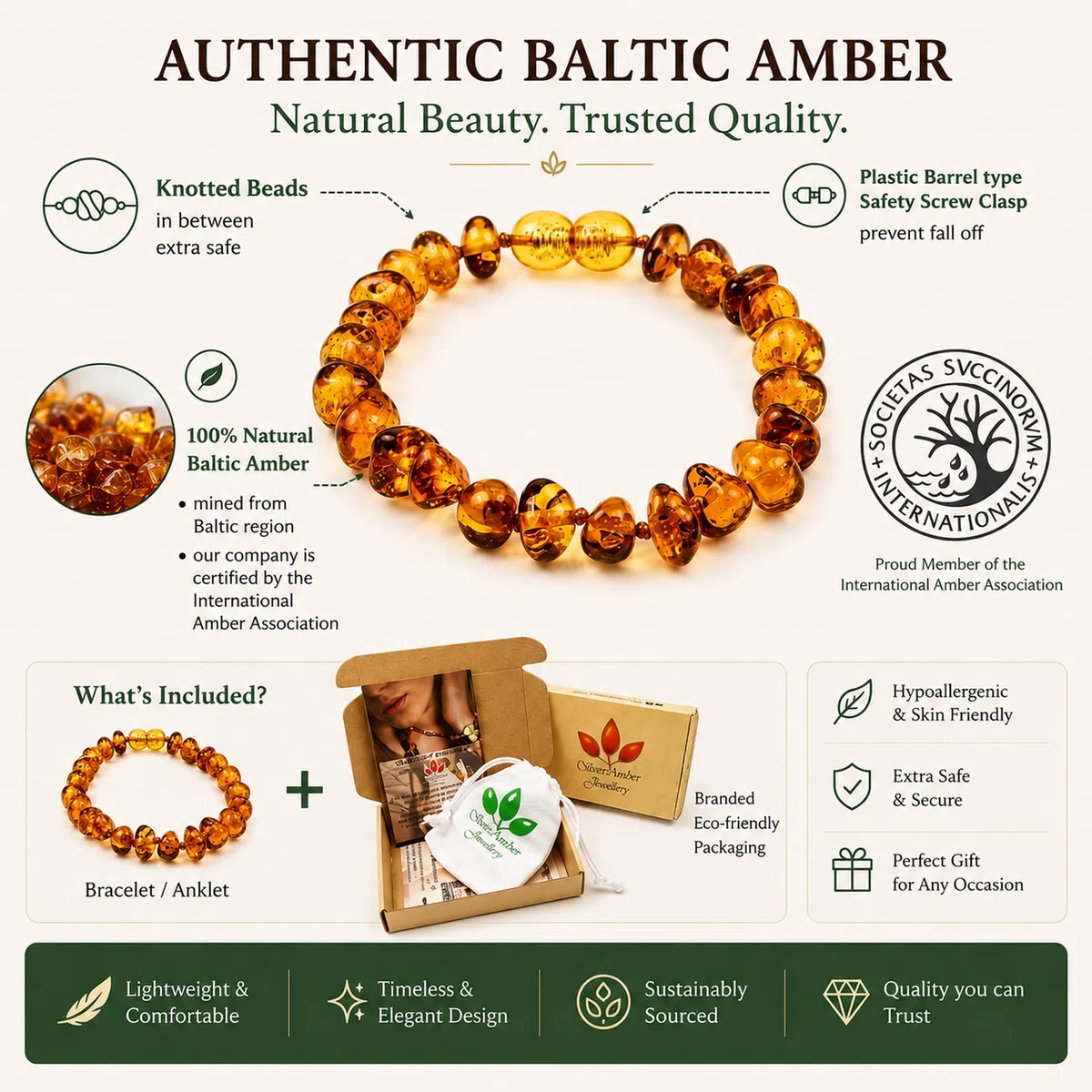 SilverAmber - Cavigliera/braccialetto in ambra baltica, color cognac, realizzata a mano, 100% perle di ambra genuina, di prima qualità, misure 12-25 cm
