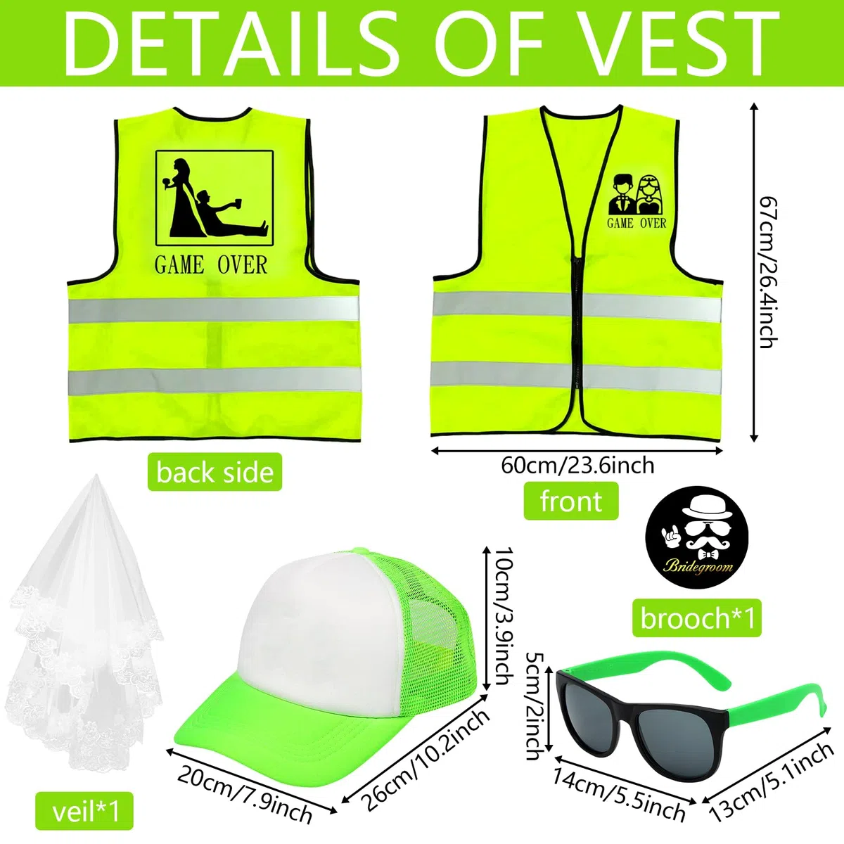JGA Costume da Uomo per Addio al Celibato con Cappello, Gilet, Occhiali e Distintivi, Divertente Gilet Riflettente, Addio Celibato Gadget Sposo per Festa, Regali Creativi