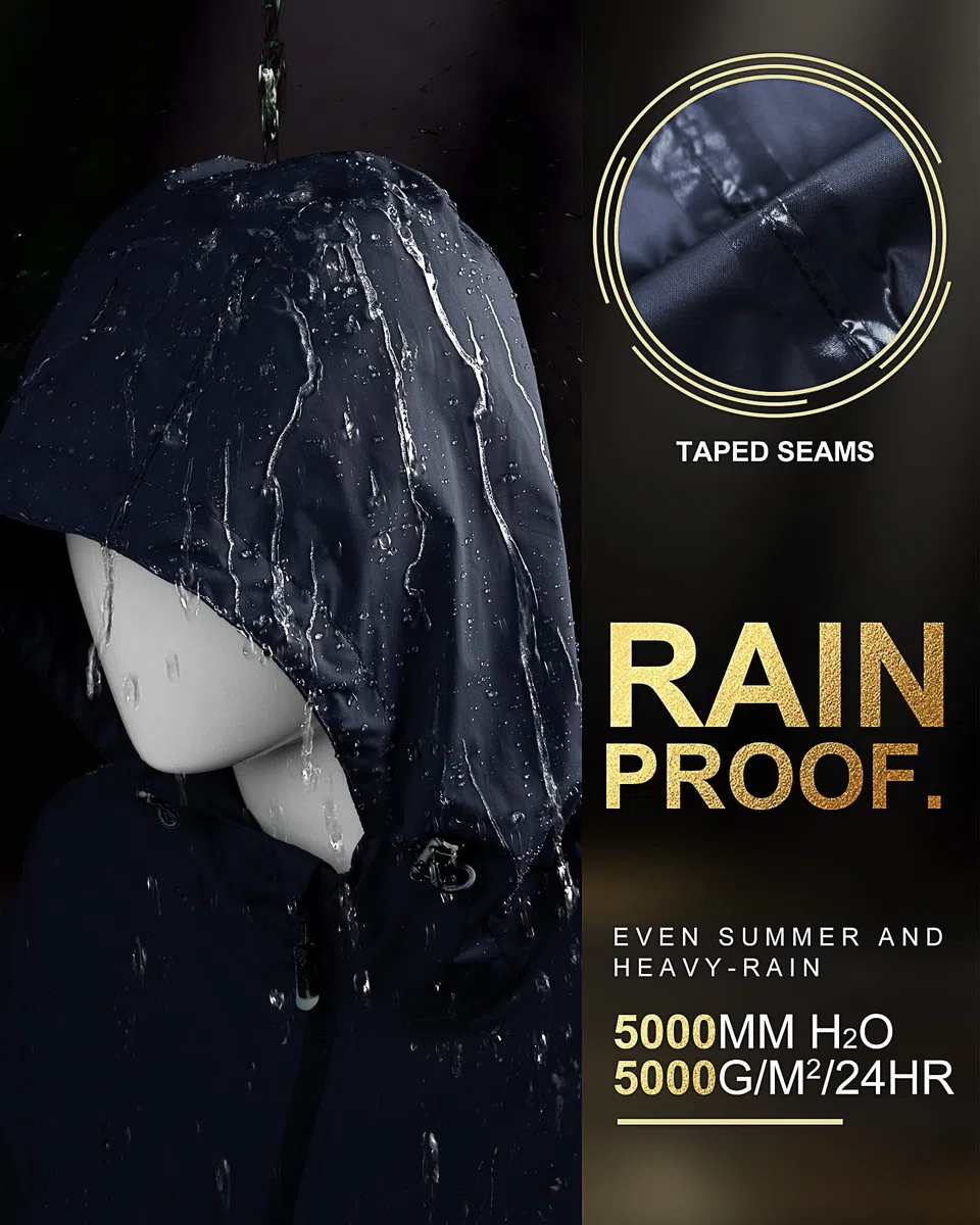 33,000ft Women's Rain Jacket Lightweight Hooded Long Rain Coat Waterproof Jacket Ladies Packable Functional Jacket Windbreaker Breathable Active Outdoor Coats