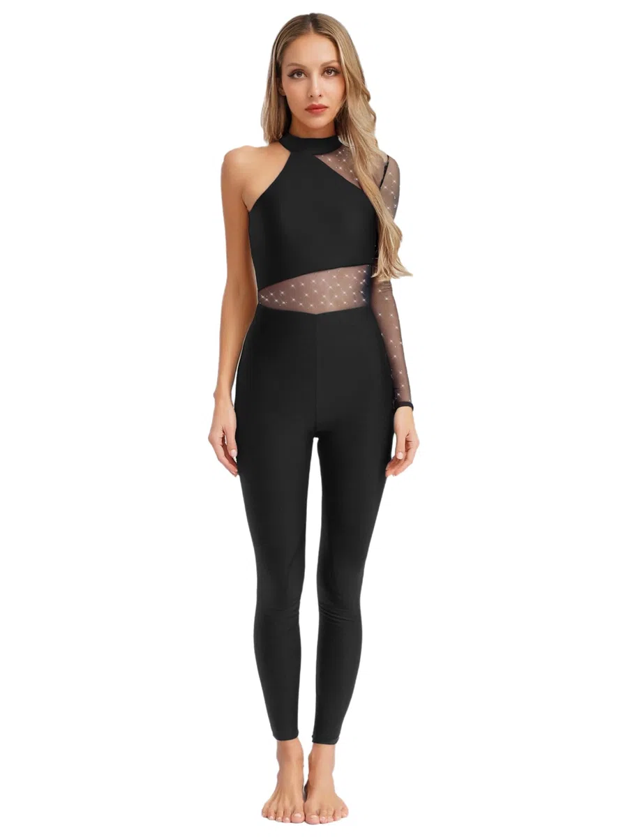 Alvivi Tuta Intera per Pattinaggio Artistico Donna Monospalla con Strass Bodysuit Leotard Ginnastica in Rete Trasparente Jumpsuit Danza Latina Allenamente