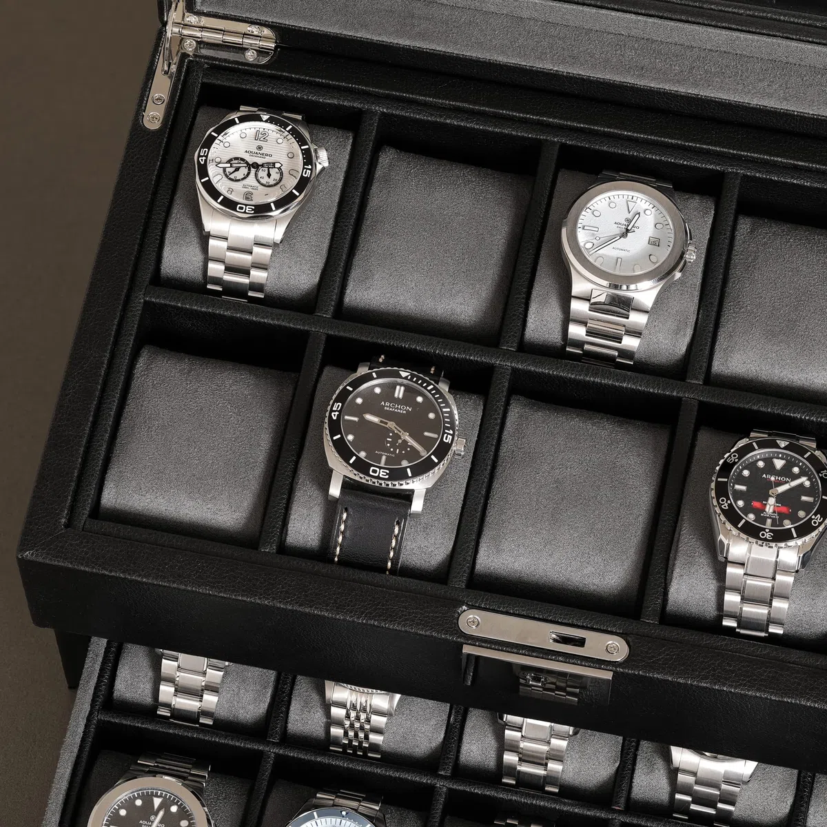 ROTHWELL Scatola per orologi in pelle con 20 scomparti, organizer per orologi di lusso, con chiusura a chiave, con grande ripiano in vero vetro, organizer per orologi da uomo e donna