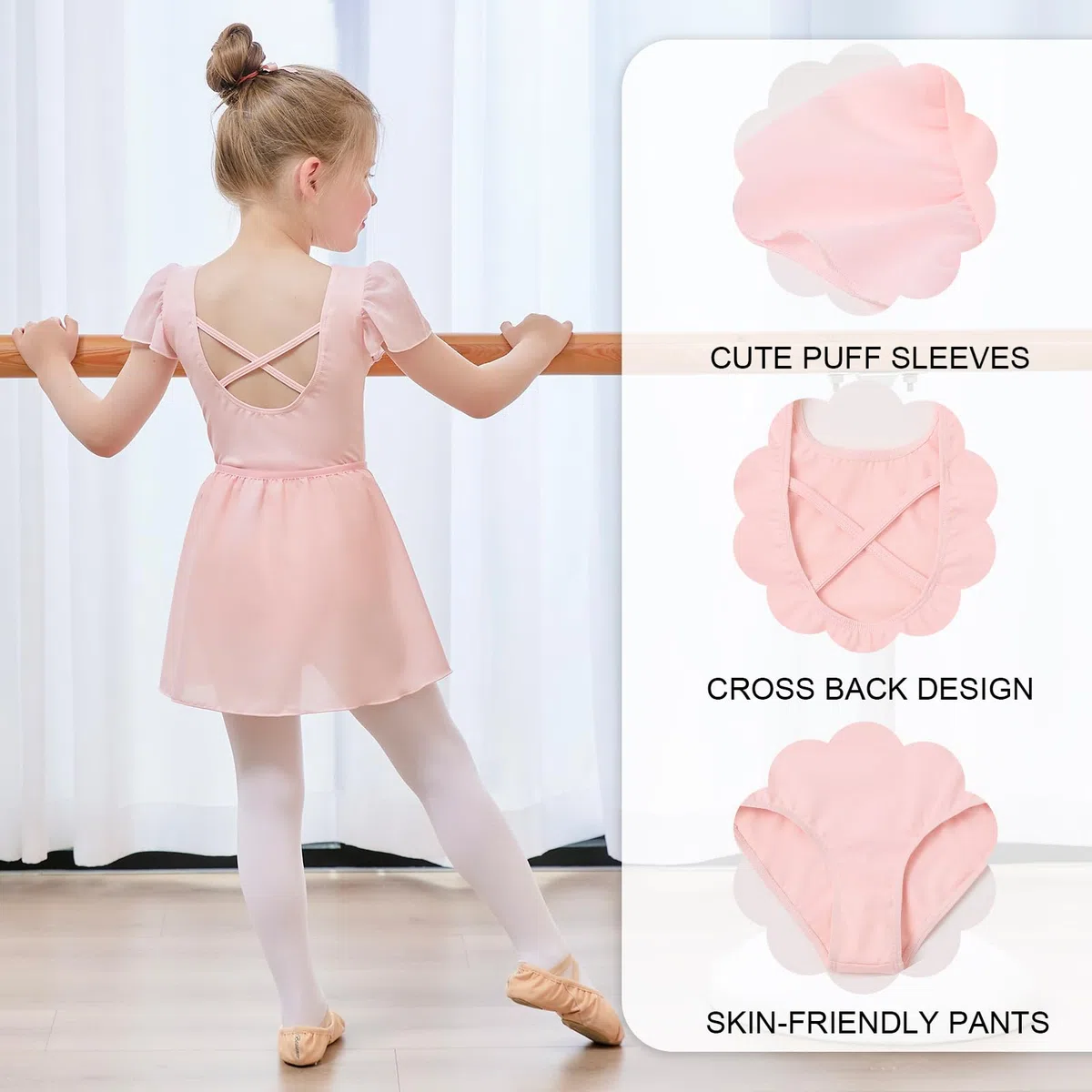 Bezioner Body Danza Classica Bambina con Gonna Rimovibile Vestito da Balletto Gonnellino Danza Manica a Sbuffo