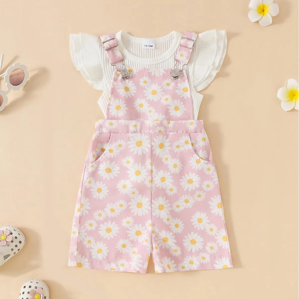 Vestito estivo per bambina, con maniche a volant + pantaloncini a margherite, grazioso set di vestiti per bambini