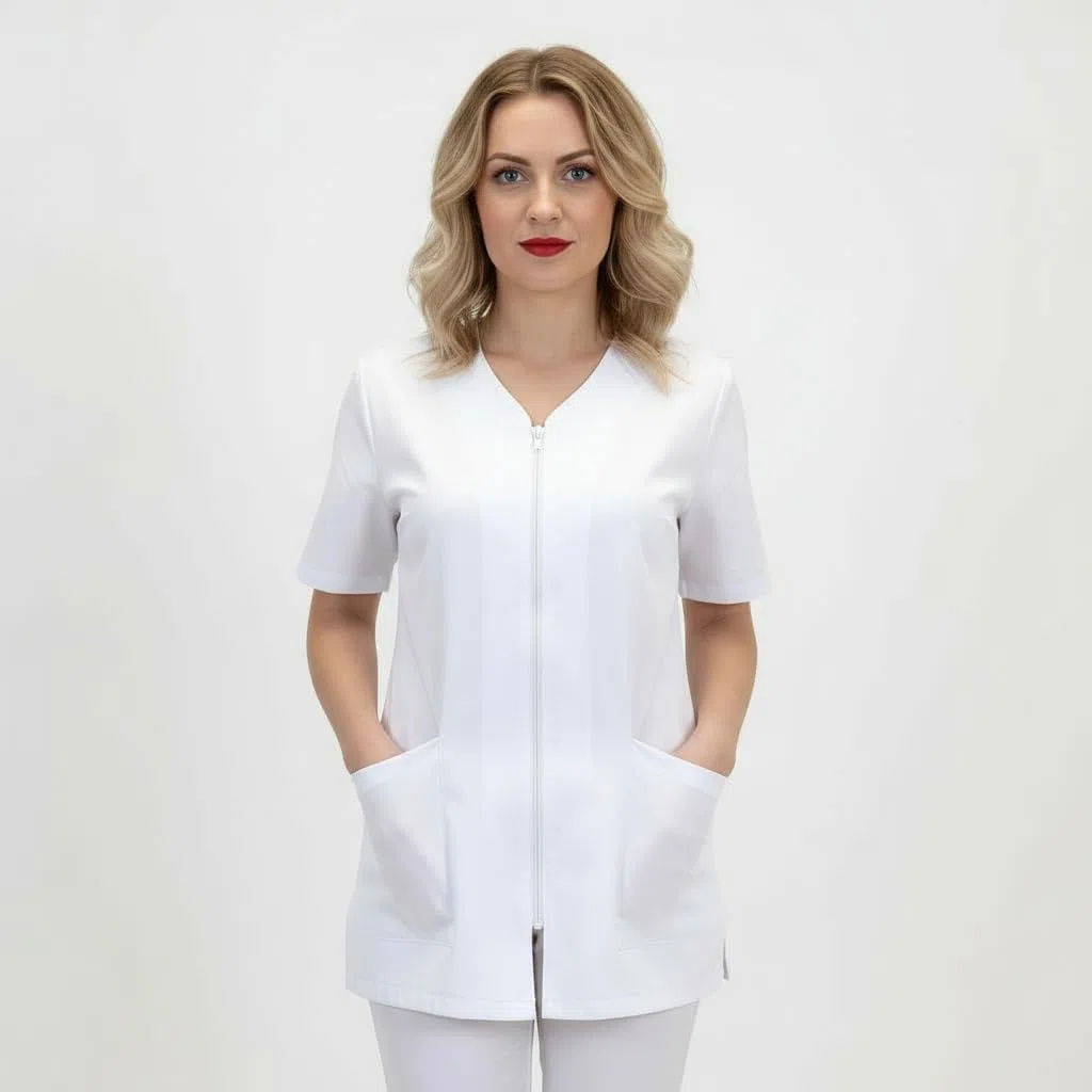 Petersabitidalavoro Casacca, Camici da Lavoro Donna con Zip,Bianco,Cotone, Estetista,parrucchiera, MAESTRA Asilo,Alimentari