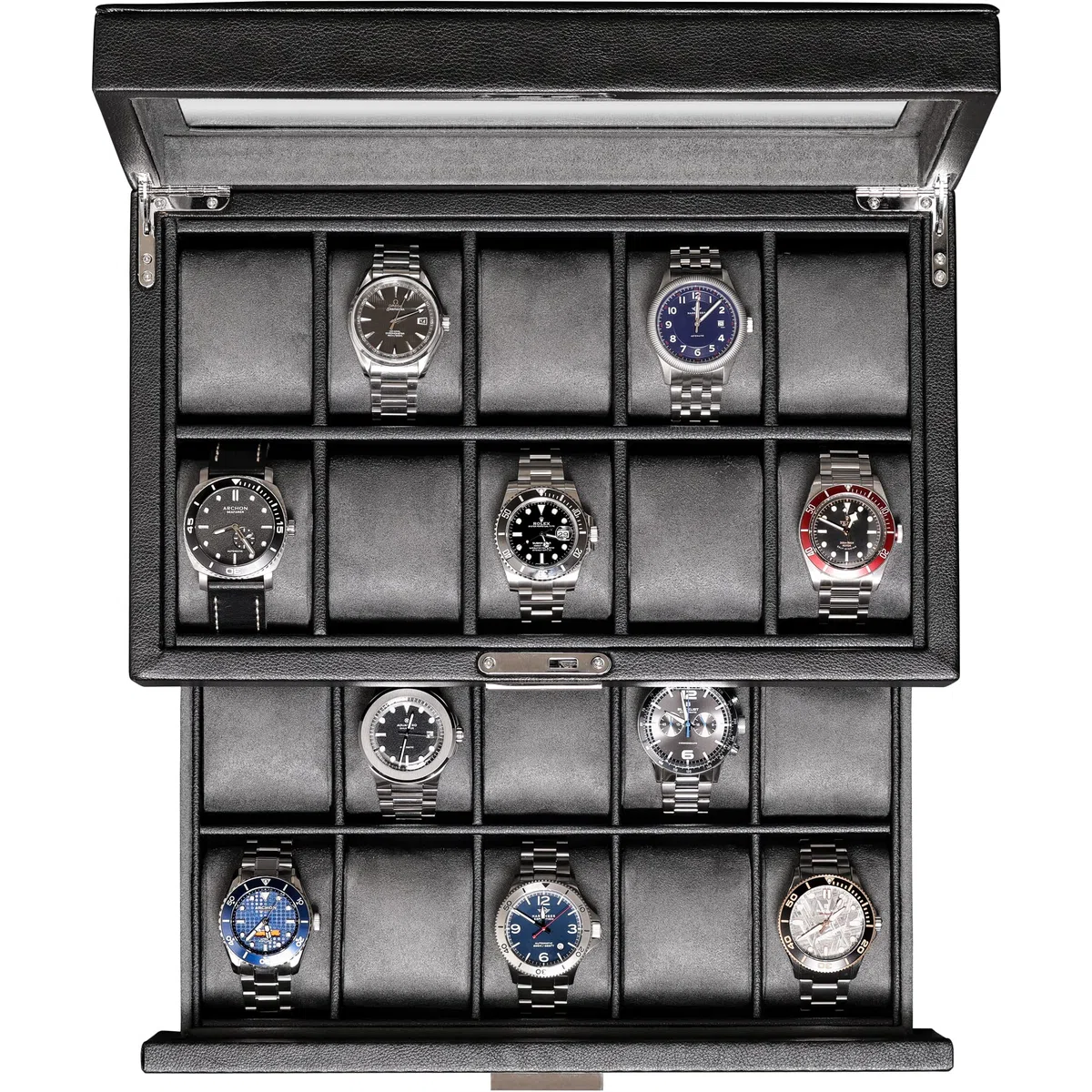 ROTHWELL Scatola per orologi in pelle con 20 scomparti, organizer per orologi di lusso, con chiusura a chiave, con grande ripiano in vero vetro, organizer per orologi da uomo e donna
