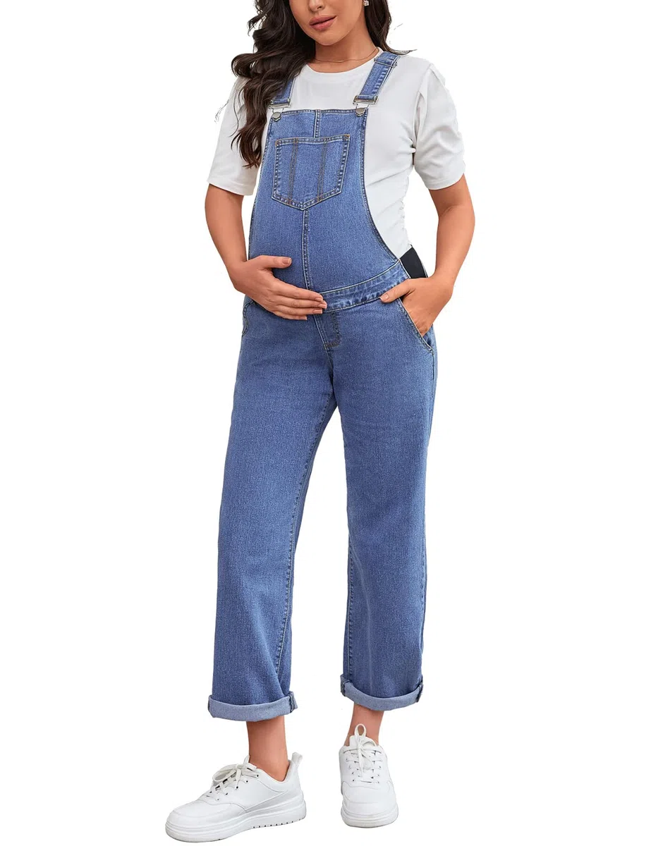 Salopette premaman con bretelle gamba dritta lunghezza alla caviglia tuta in denim premaman per donna incinta