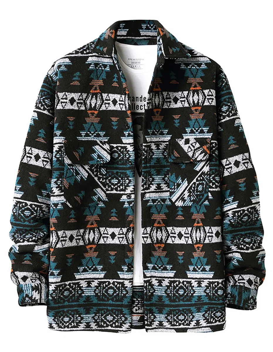 VIEWON Giacca-cappotto western da uomo casual con stampa azteca, maniche lunghe, in lana, leggera, con risvolto e bottoni