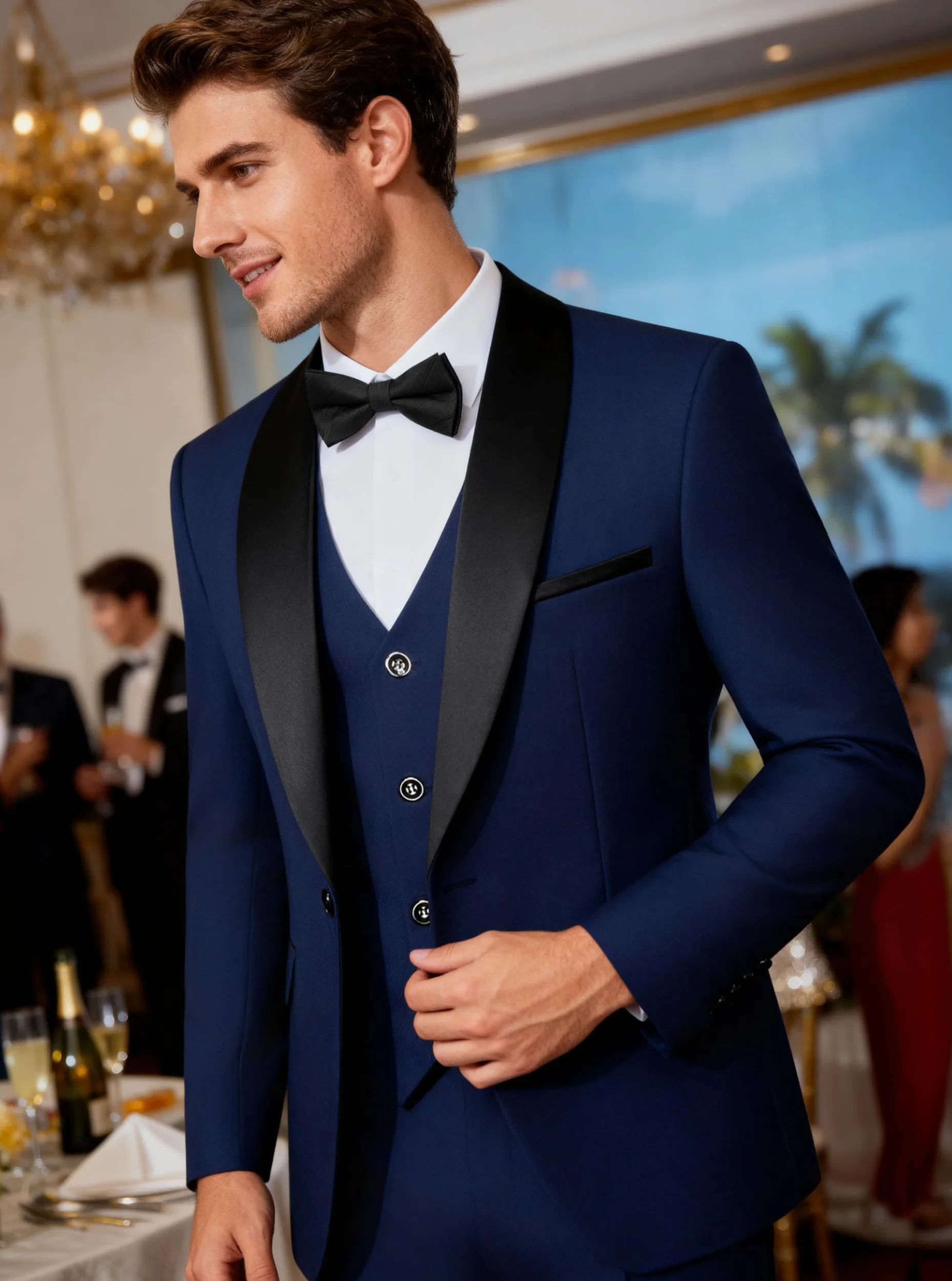 Abito Uomo Slim Fit 3 Pezzi, Elegante Smoking con Bavero a Scialle e 1 Bottone, Completo da Cerimonia per Matrimonio Sposa e Gala Giacca, Gilet e Pantaloni