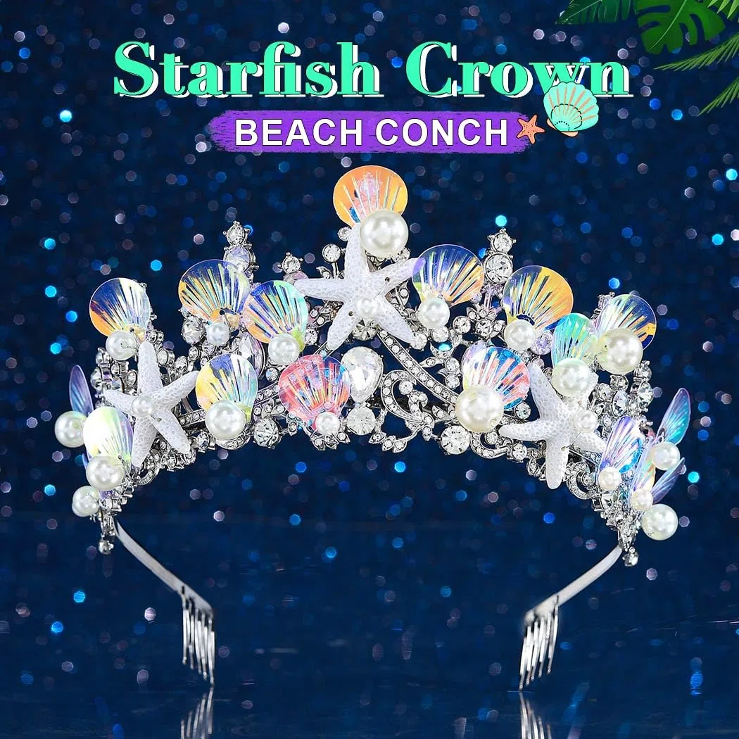 Costume da sirena fascia stelle marine perline tiara e corona argento Festival Sparkly Shell accessori per capelli per le donne