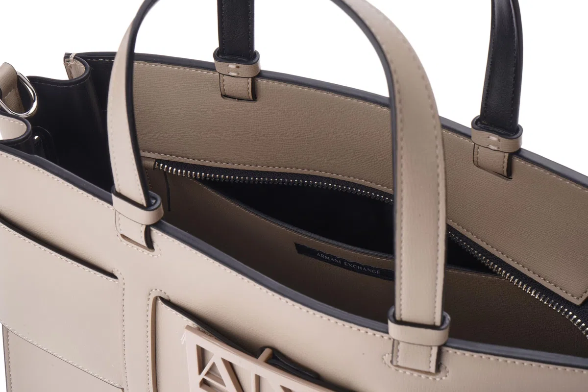 Armani Exchange Susy, Monogram Classic, Metal Logo, Shoulder Strap, Shopping Bag Donna, Sabbia