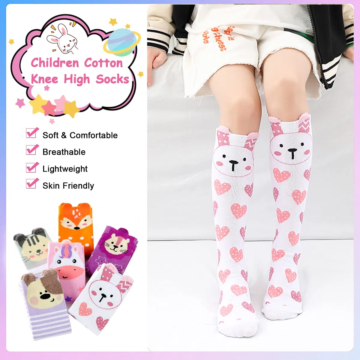 PHOGARY Calzettoni Lunghi per Bambina, 6 Calzetti Carinissimi Animali, Elasticizzato Cotone, 42 cm per 3-12 Anni Ragazze