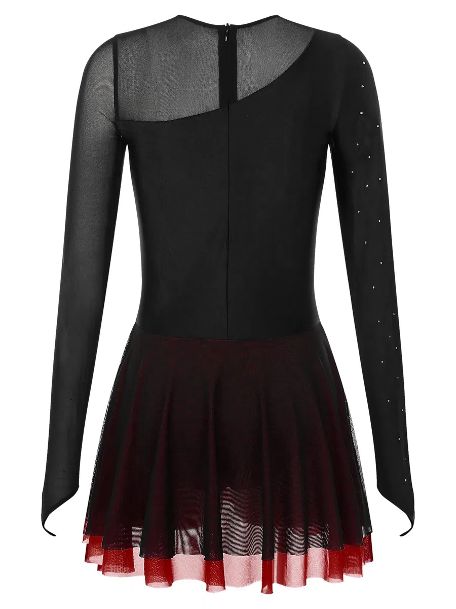 YiZYiF Vestito Pattinaggio Artistico Donna Manica Lunga Glitter Strass Vestito Danza Classica Ballerina Leotards da Balletto Costumi di Danza