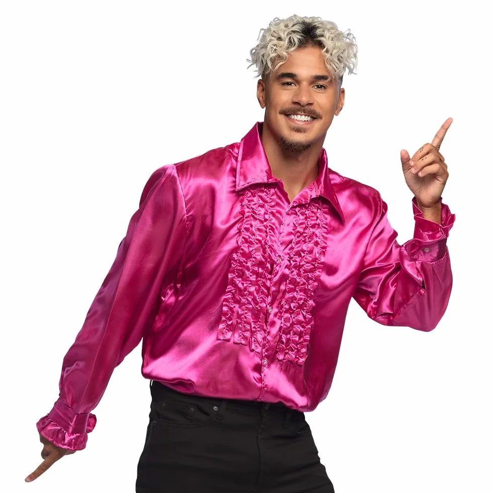 Boland - Camicia da Discoteca con Volant, Rosa, da Uomo, Costume, Camicia da Festa, Anni '70, Festa a Tema, Carnevale