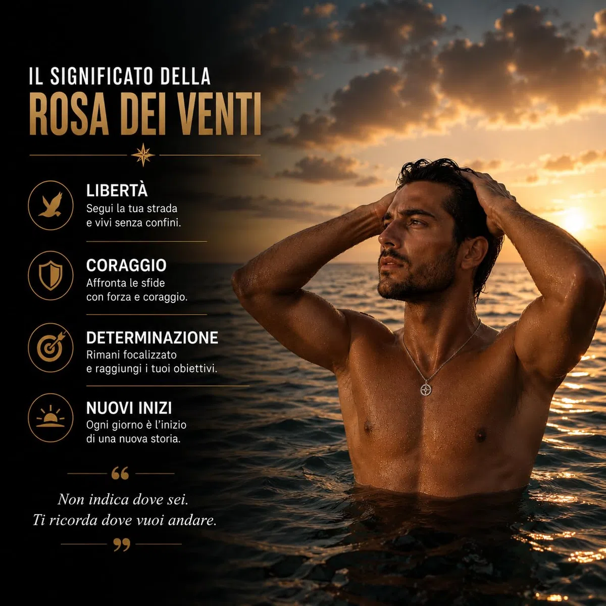 SAGA GIOIELLI Collana Uomo Rosa Dei Venti Acciaio Punto Dorato Festa Del Papà Cofezione Regalo