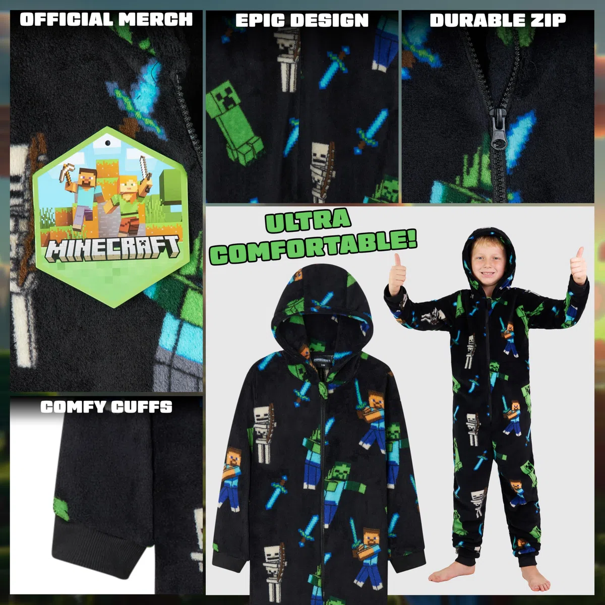 MINECRAFT Pile Pigiama Intero Ragazzo con Cappuccio Tuta Intera - Regalo Bambino