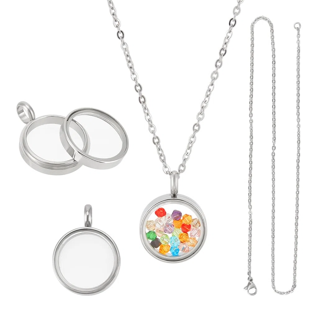 UNICRAFTALE Set di 2 medaglioni con collana da 45 cm, in acciaio inox, con medaglione galleggiante, ciondolo a forma di memoria, 15 mm, grande medaglione per cornici per la creazione di gioielli