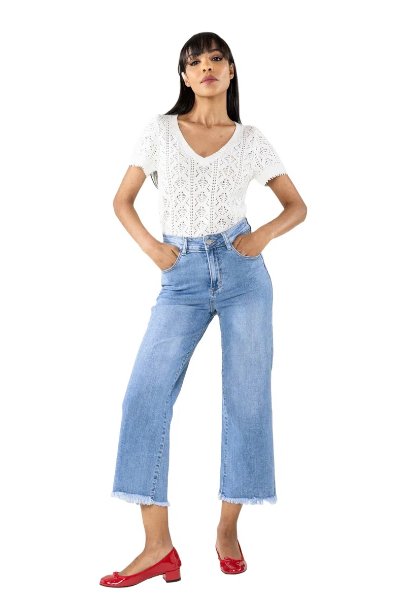 Nina Carter Q1850 Jeans da donna - 7/8 Cropped, vita alta, elasticizzati, svasati, look usato, sfilacciati