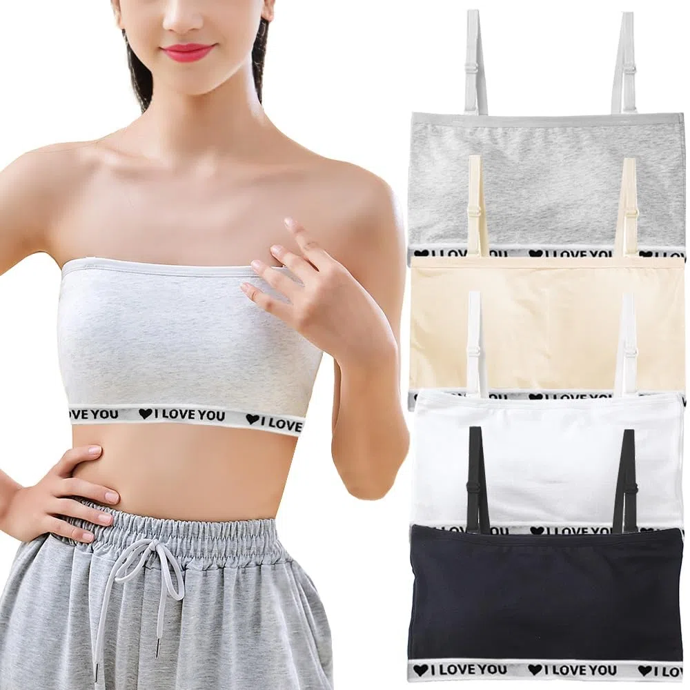 Reggiseno a fascia in cotone, senza spalline, con cuscinetto fisso e cinturino staccabile, senza cuciture, senza cuciture, per 10-18 anni, confezione da 4