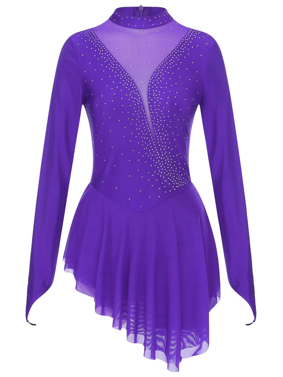 Freebily Abito da Pattinaggio Artistico sul Ghiaccio Donna Vestito Danza Classica Ballerina Moderna Strass Leotards da Balletto Abito da Danza Lirica Contemporanea Dancewear