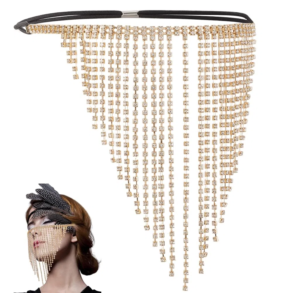 Catena per Il Viso in Oro Gioielli Strass Cristallo Fascia per Capelli Nappa Velo Vintage Boho Frangia Catena per Capelli Copricapo per Donne Costumi da Ballo Feste Rave Hallow