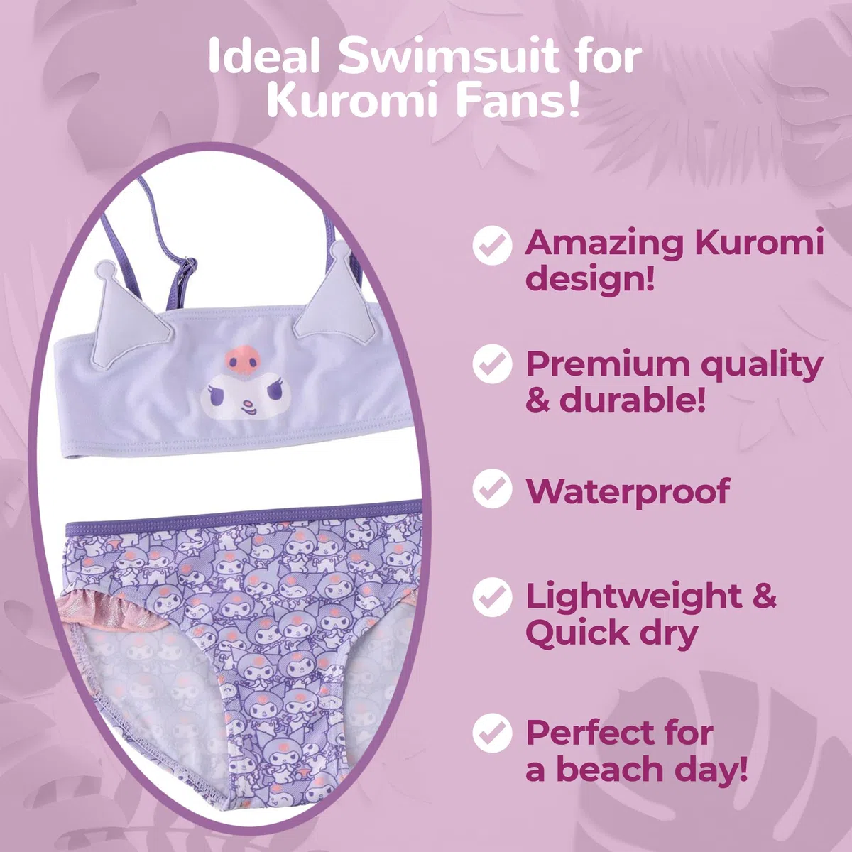 Kuromi - Costume da bagno a 2 pezzi da bambina - Dettagli volant e spalline regolabili - leggero e ad asciugatura rapida