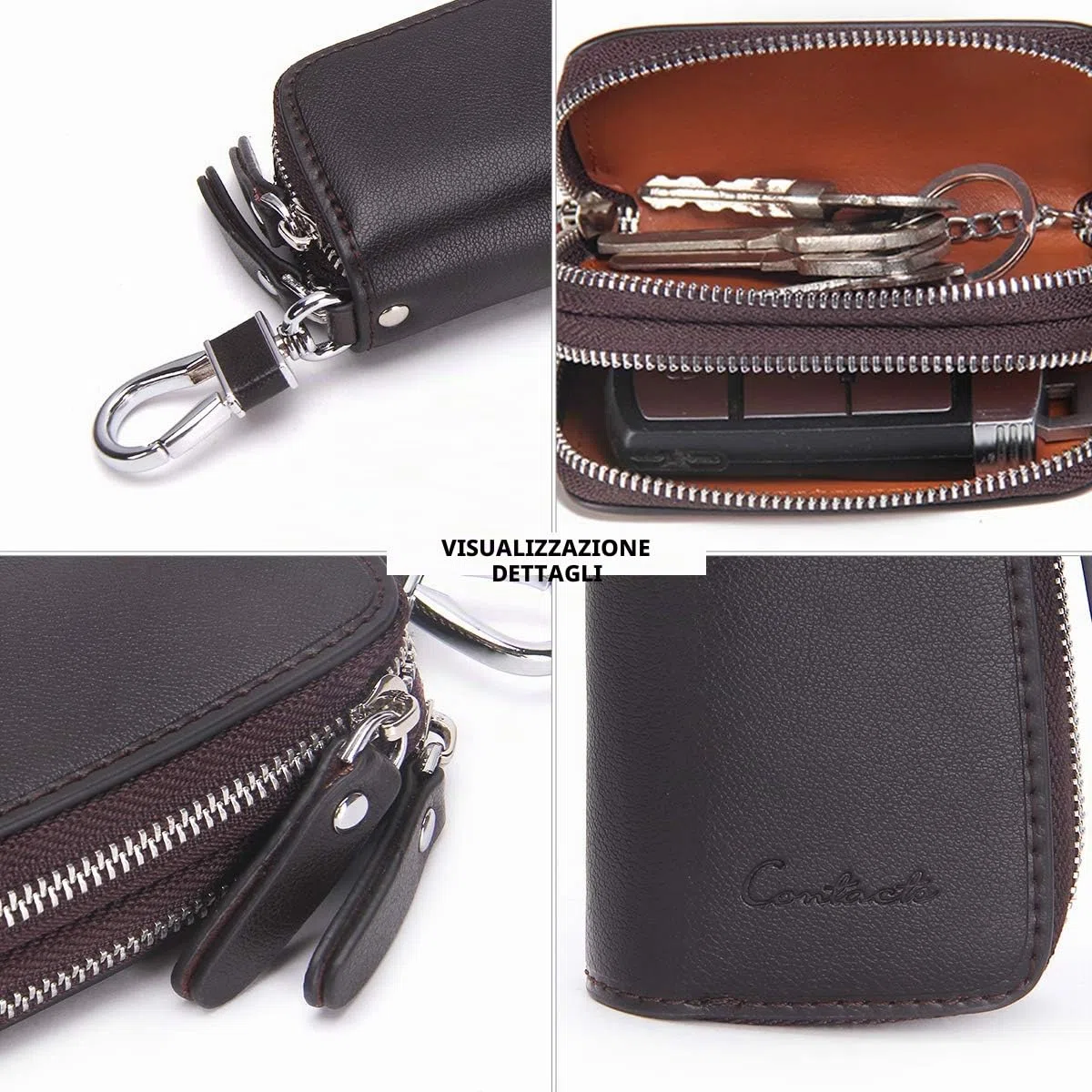 Contacts Portachiavi in pelle, unisex, grande, con 2 zip, in pelle, a portafoglio, per chiavi dell'auto