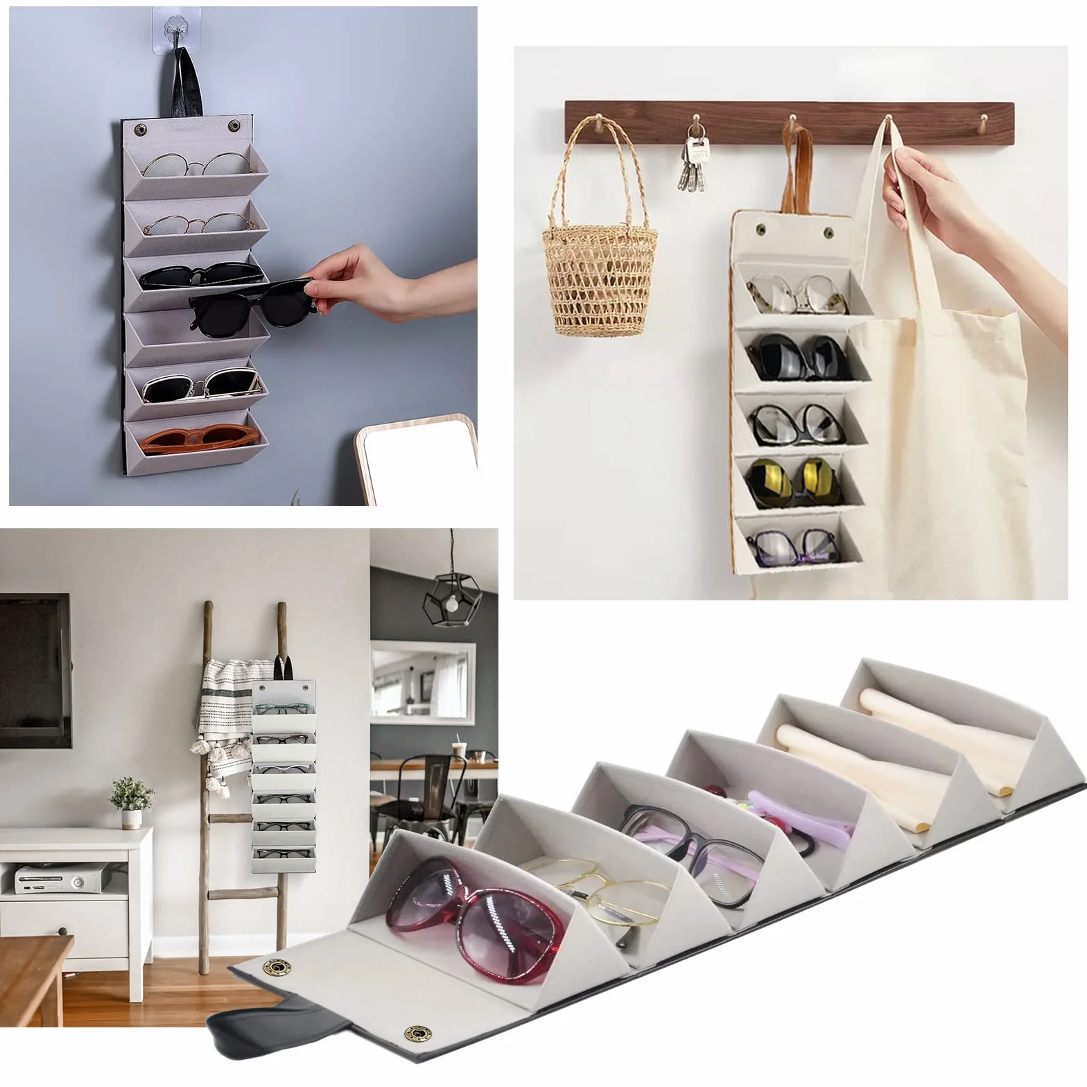 Scatola Portaoggetti Occhiali da Sole, Scatola Portaoggetti Occhiali 6 Scomparti Organizzatore per Occhiali Sole Custodia Occhiali in Pelle Occhiali Organizer da Viaggio (Nero)
