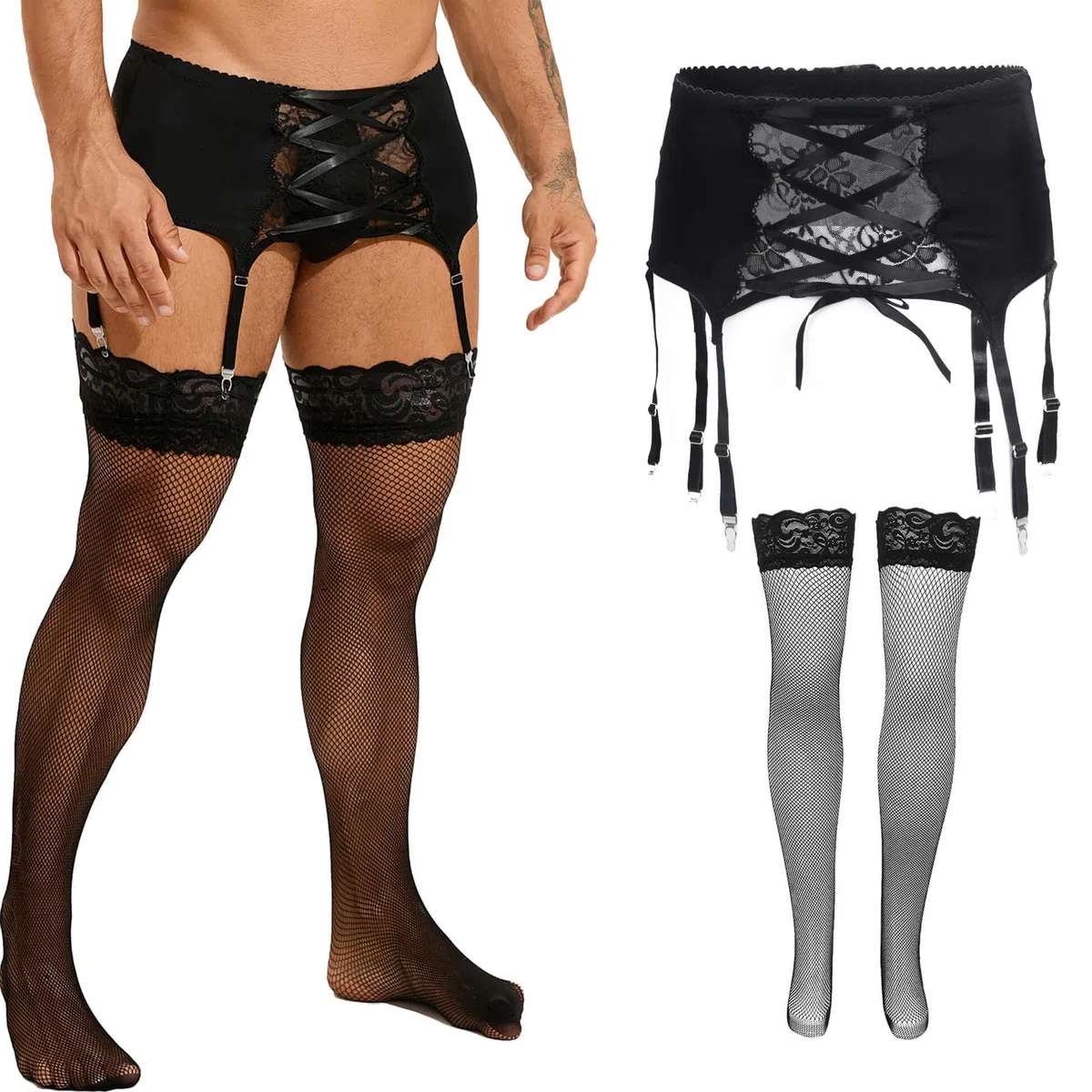 ohyeahlady Reggicalze Uomo Gay Hot con 6 Clip Regolabili Taglie Forti Intimo Sexy Lingerie Curvy Costume Cosplay Sissy Guepiere in Pizzo Giarrettiera per Calze Autoreggenti Clubwear