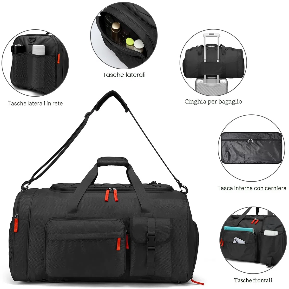 Borsa da Viaggio e Borsone Sportiva da Uomo 70L Grande Zaino Palestra con Porta Scarpe per Viaggio, Campeggio, Sport, Nero