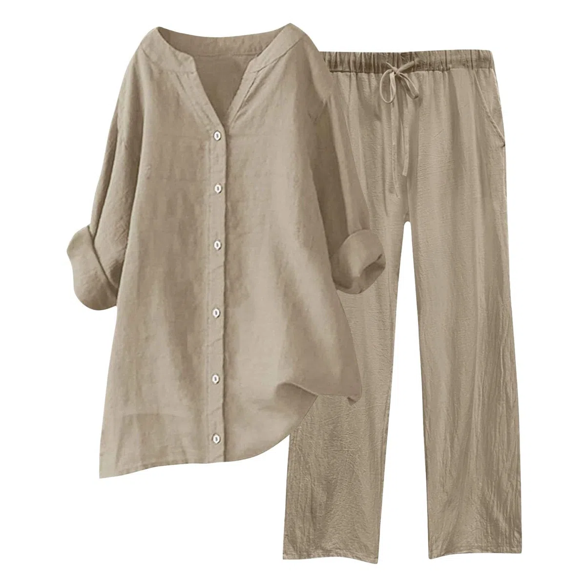 Tuta Lino Donna Estiva Elegante Coordinato Larghi Camicia + Pantaloni Leggera Cotone E Lino Estivo Tute Da Ginnastica Primavera Curvy Set Due Pezzi Maniche 3/4 Jogging Traspirante Set Spiaggia
