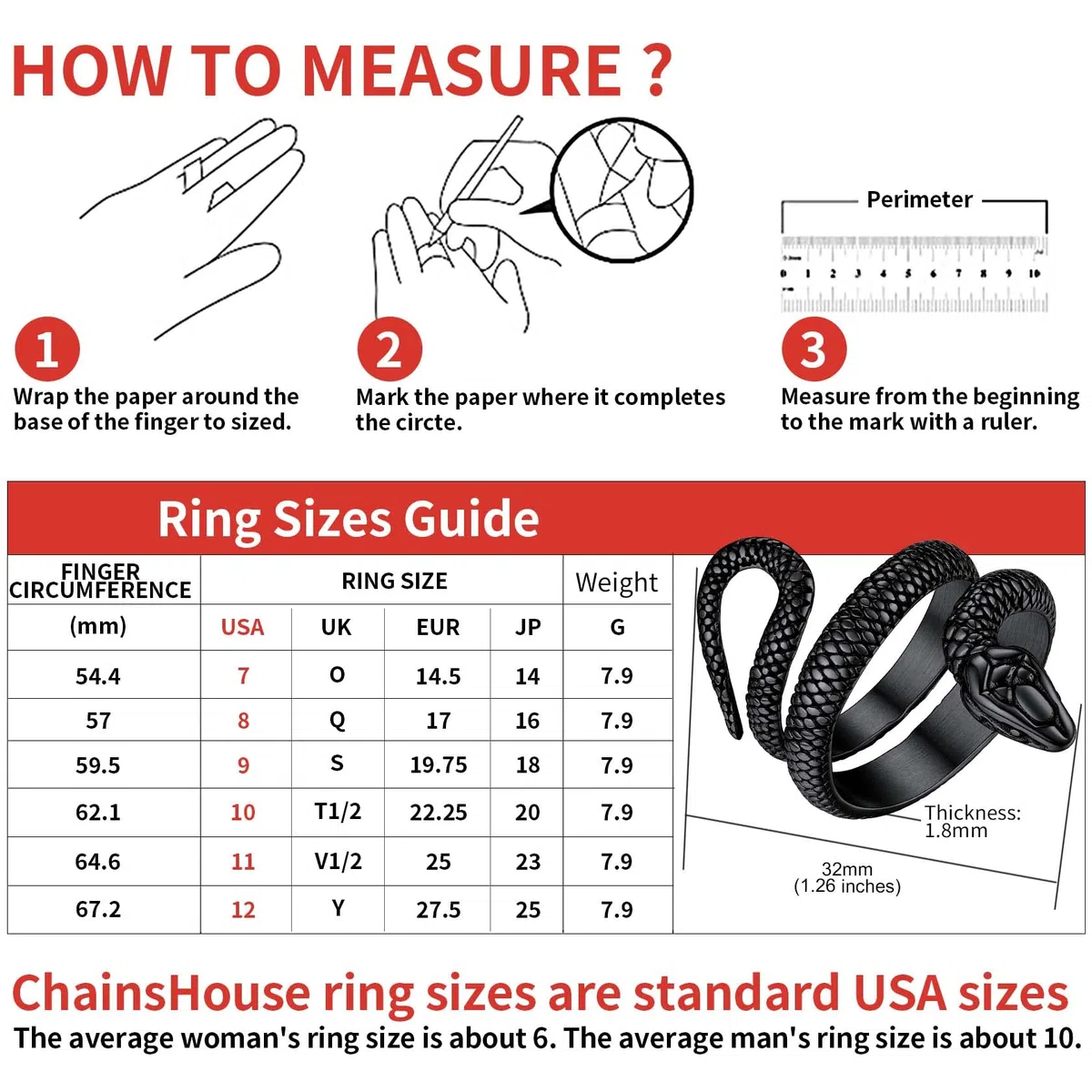 ChainsHouse Serpente Anello Acciaio Uomo Stile Punk Gotico Impermeabile Taglia IT 14-27