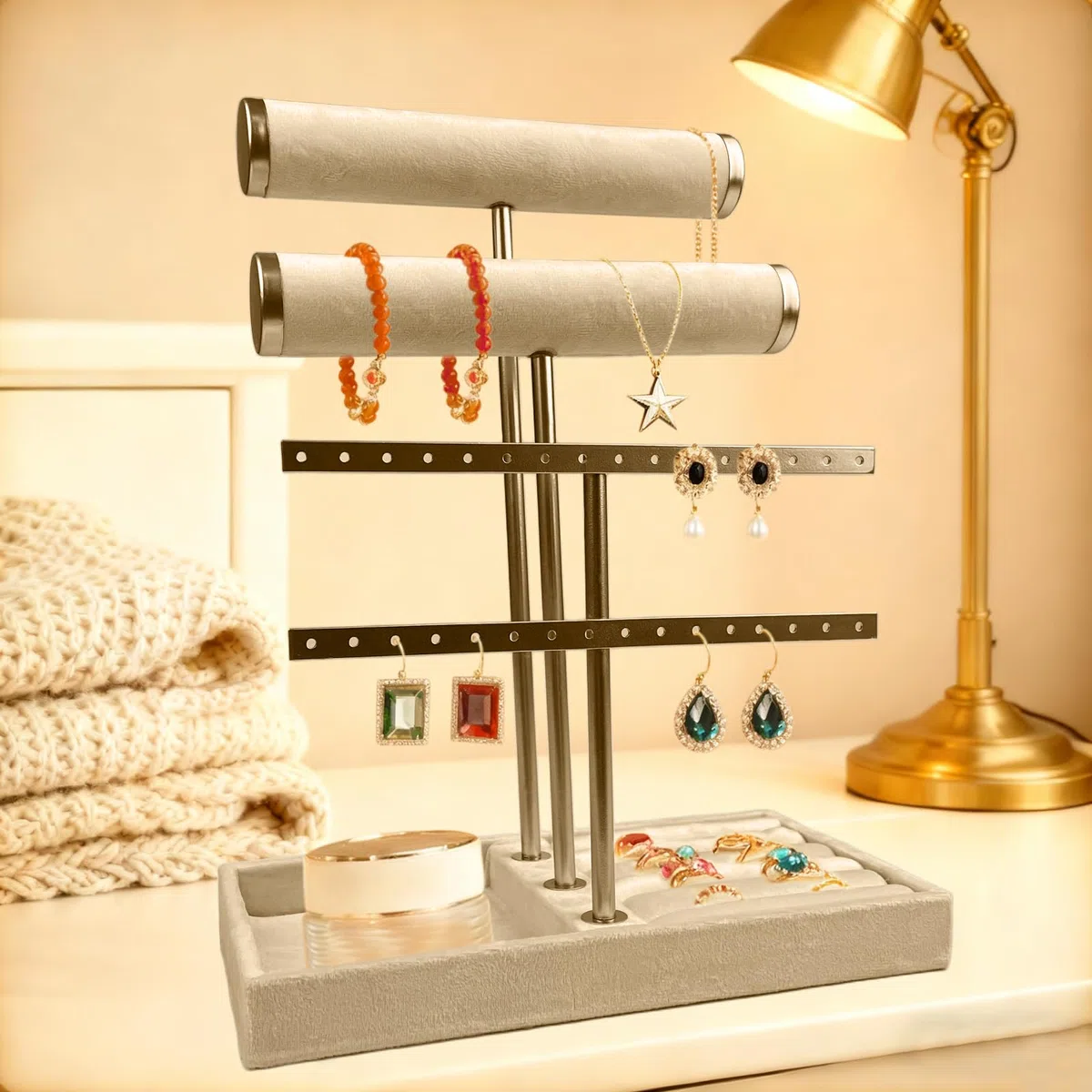 Supporto per Gioielli Bracciali con 4 Livelli, Porta Collane e Orecchini, Espositore, Rimovibile per Vassoio Anello in Velluto, per Braccialetto, Collana, Orologi, Anelli, Beige