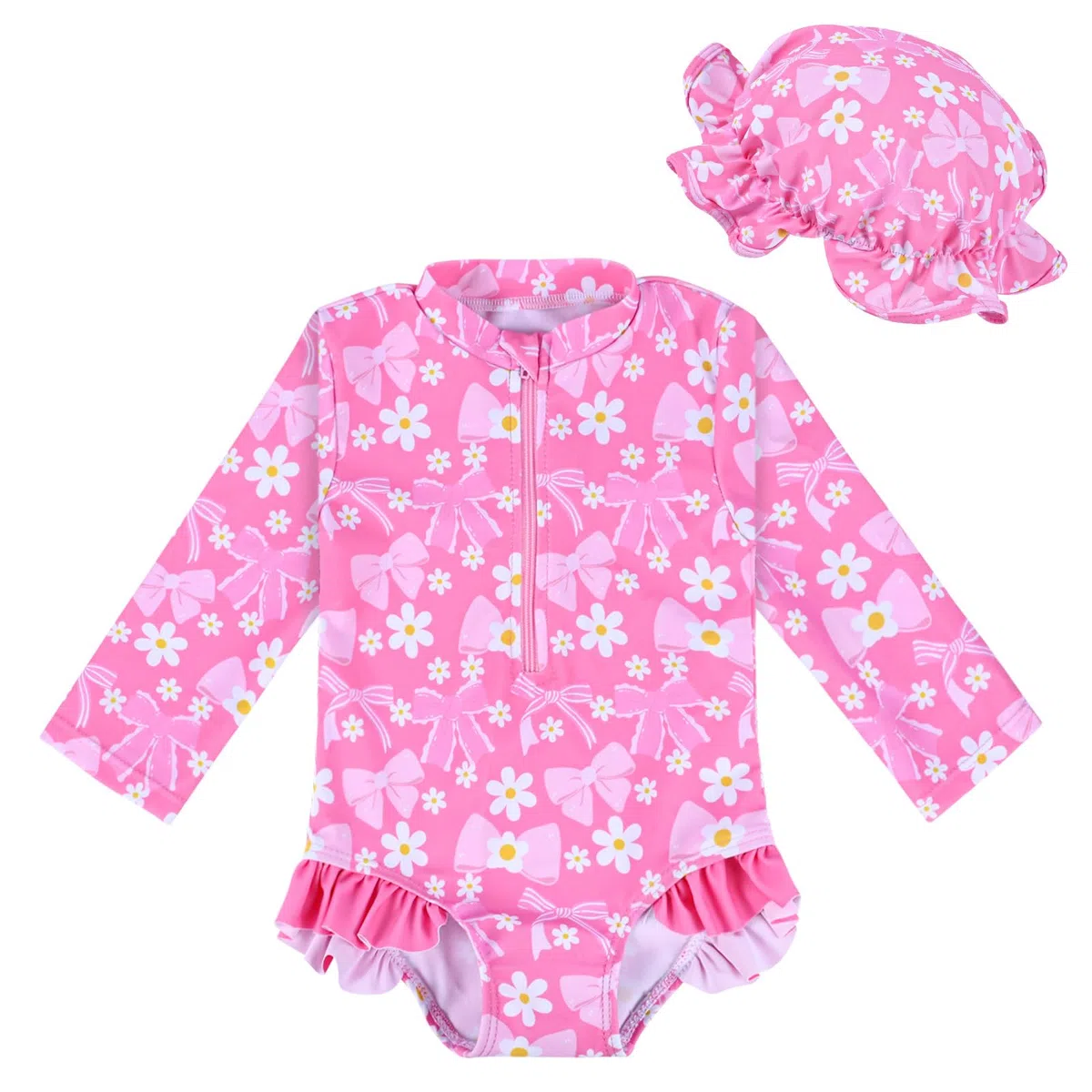 Costume da Bagno da Bambina con Cappello da Sole a Maniche Lunghe Rashguard Fragola Fiocco da Spiaggia per Bambini da 3 Mesi a 2 Anni
