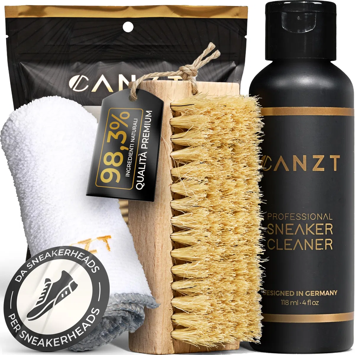 Canzt Kit Pulizia Scarpe – Pulisci Sneakers per Pelle, Nubuck, Camoscio e Tessuto – Detergente Scarpe Bianche con Spazzola & Panno in Microfibra