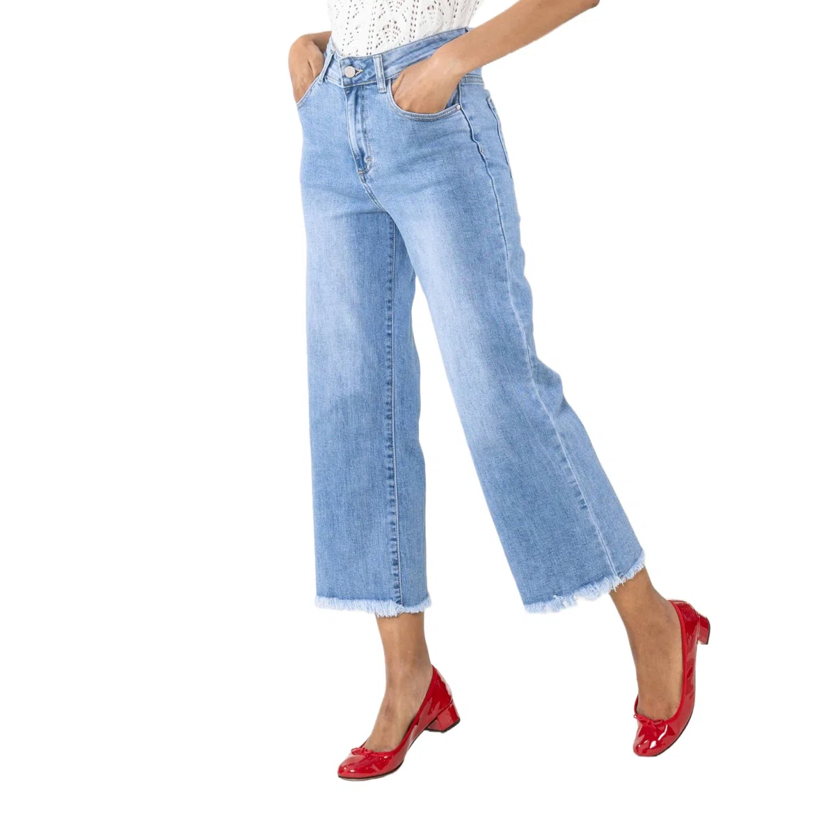 Nina Carter Q1850 Jeans da donna - 7/8 Cropped, vita alta, elasticizzati, svasati, look usato, sfilacciati