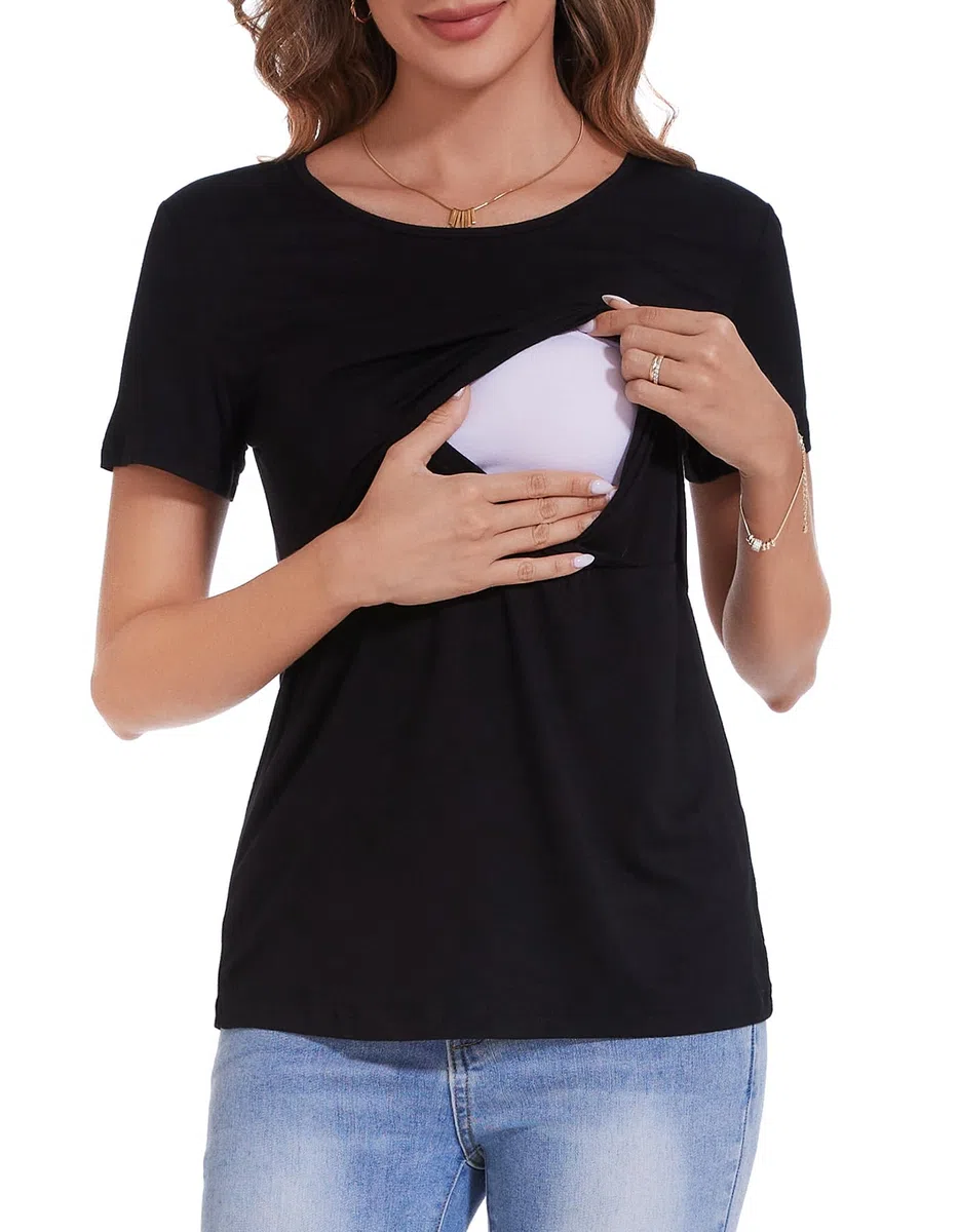 Sosolism Set da 3 Magliette da Allattamento Estate a Maniche Corte T-Shirt Casual per Gravidanza e Post-Parto per Donne