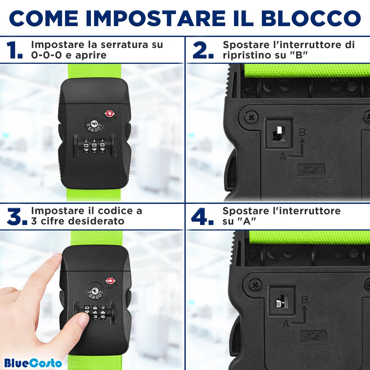 BlueCosto - Cinghia per Bagagli con Lucchetto TSA - Regolabile da 2,2 a 4 m, Verde Neon - Cintura di Sicurezza per Valigia Approvata TSA con Serratura a Combinazione a 3 Cifre