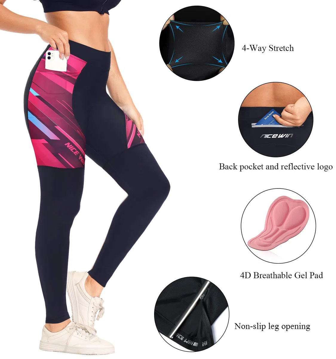 Pantaloni da Ciclismo Donna Invernali Lunghi Imbottiti Bicicletta Pantaloni Corsa Calzamaglia 4D Gel Pad Traspiranti Rapido Asciutto Leggings Sportivi Donna