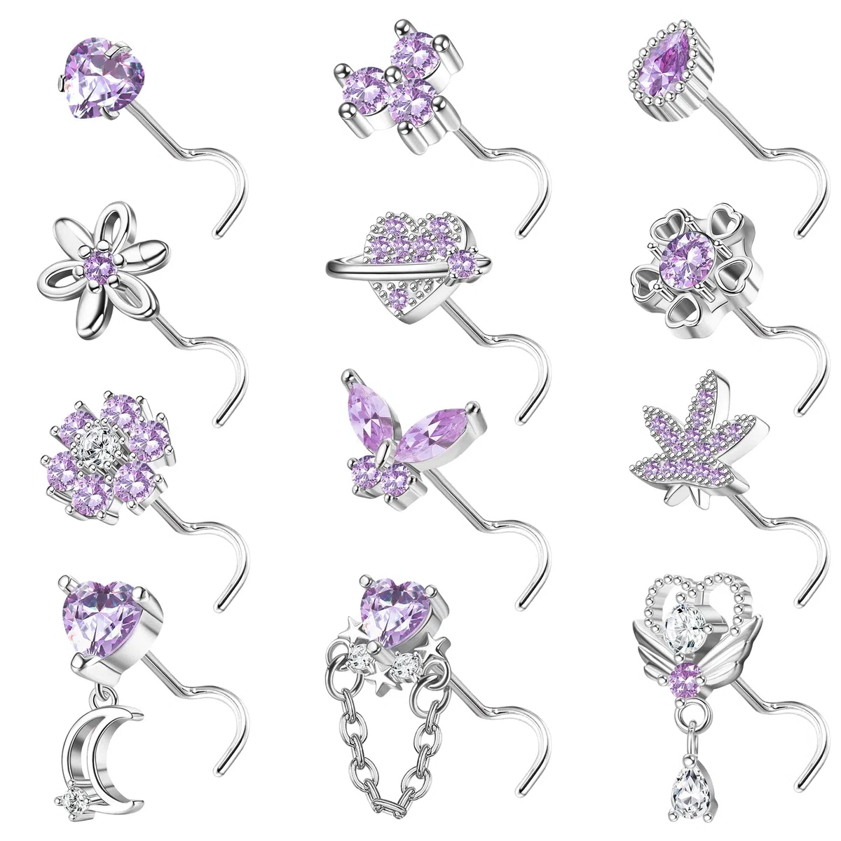 Kakonia 12 Pezzi 20g Piercing Naso Borchie Acciaio Inossidabile Naso Borchie Argento Forma L S Cavatappi Piercing Naso Anello Naso Piercing Narice Piercing Narice Per Donna Uomo