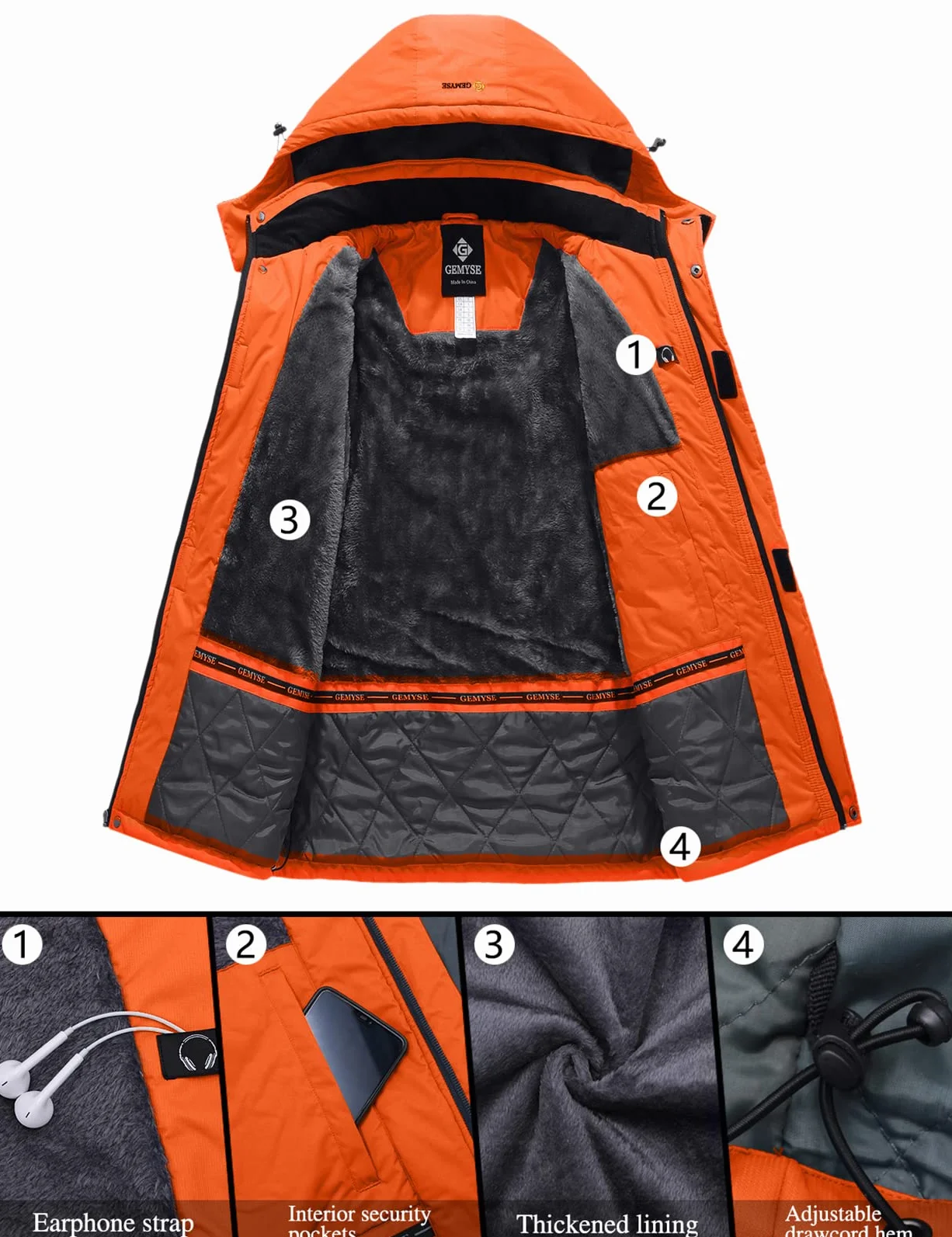GEMYSE Uomo Giacca da Sci impermeabile montagna Giacche Pile invernale antivento Cappotto con Cappuccio