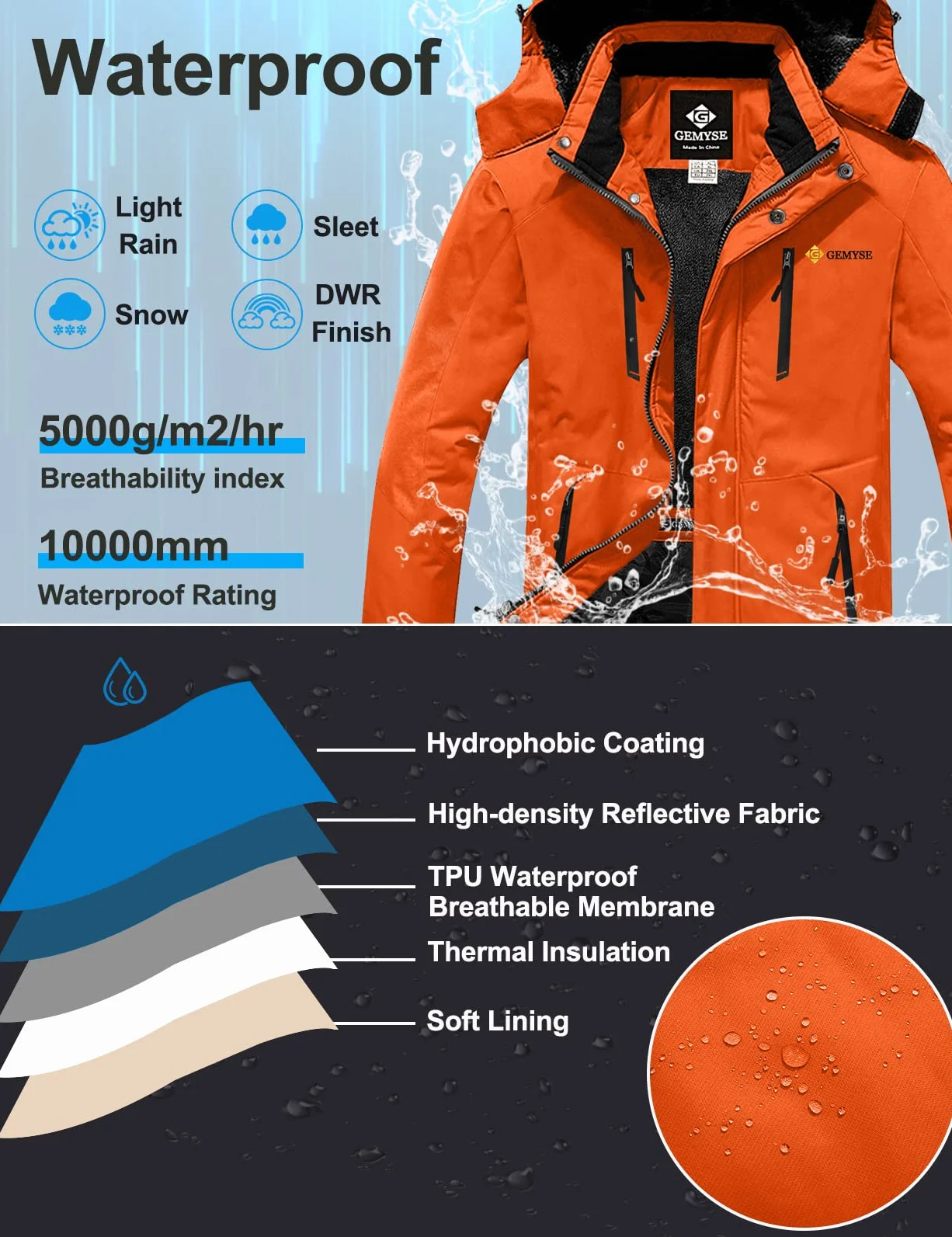 GEMYSE Uomo Giacca da Sci impermeabile montagna Giacche Pile invernale antivento Cappotto con Cappuccio