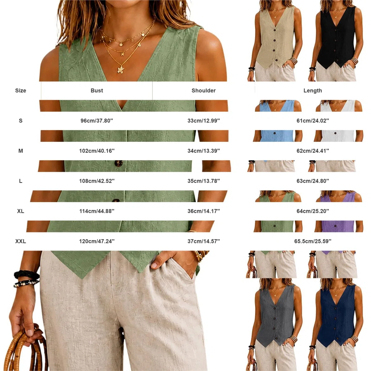 Gilet Donna Elegante Estivo Senza Maniche Gilet da Lavoro in Cotone Top Curvy Casual Chic Scollo a V con Bottoni Tendenze Primavera 2026 Perfetto per Ufficio Vacanze e Tempo Libero Taglie S-2XL