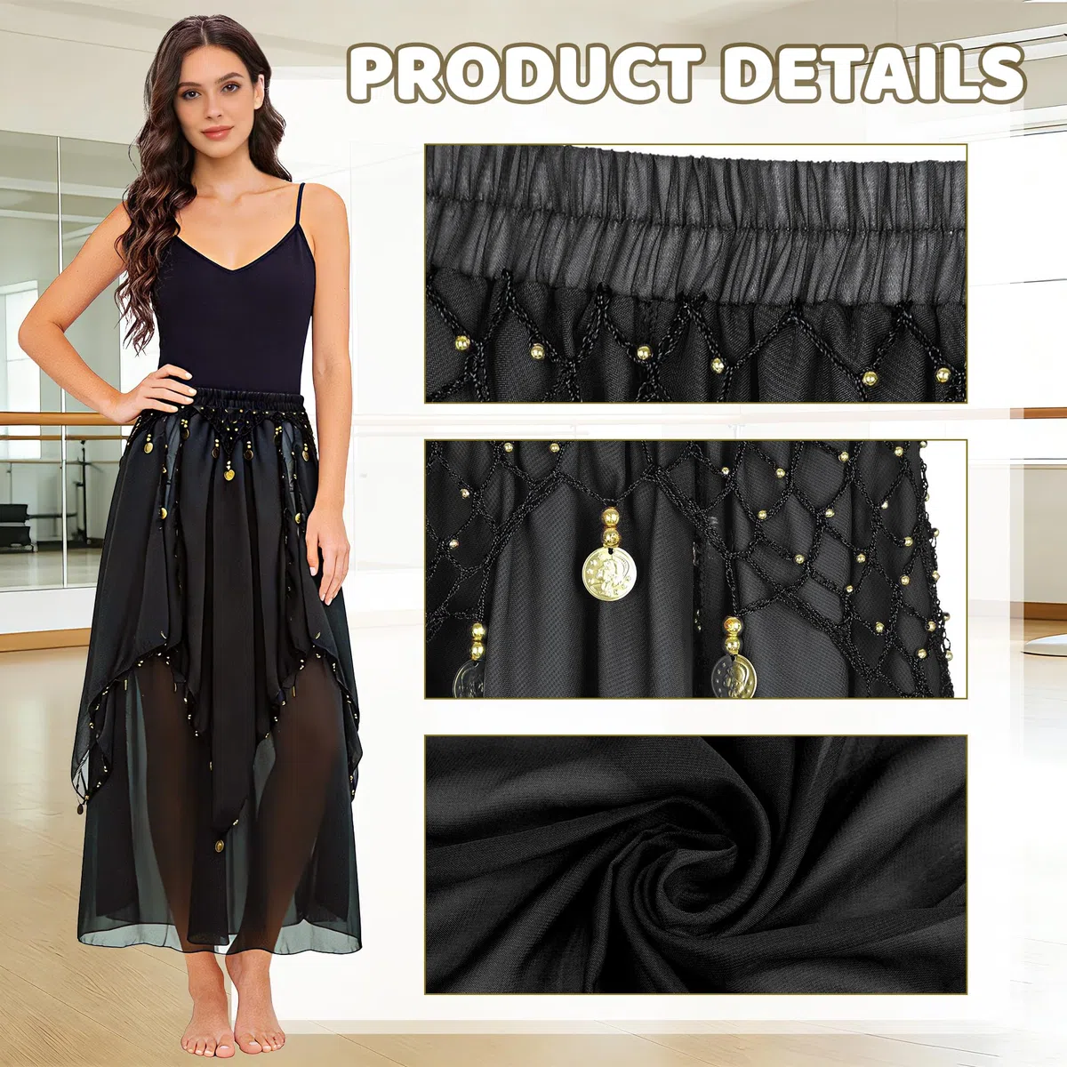 Baisdan Gonna Danza del Ventre in Chiffon con Monete Dorate, Gonna Lunga da Danza per Flamenco, Halloween, Carnevale e Spettacoli