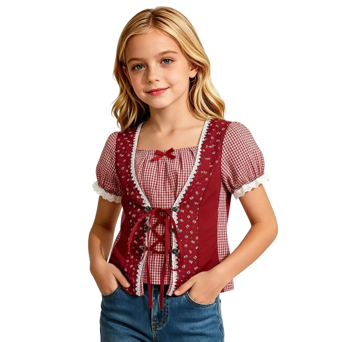 Generico Camicia Bambina A Quadri Stile Bavarese Oktoberfest Blusa Top con Volant Farfalla Brette Pizzo Maniche Corte Elegante Carina per Feste Uniforme Scolastica Uso Quotidiano