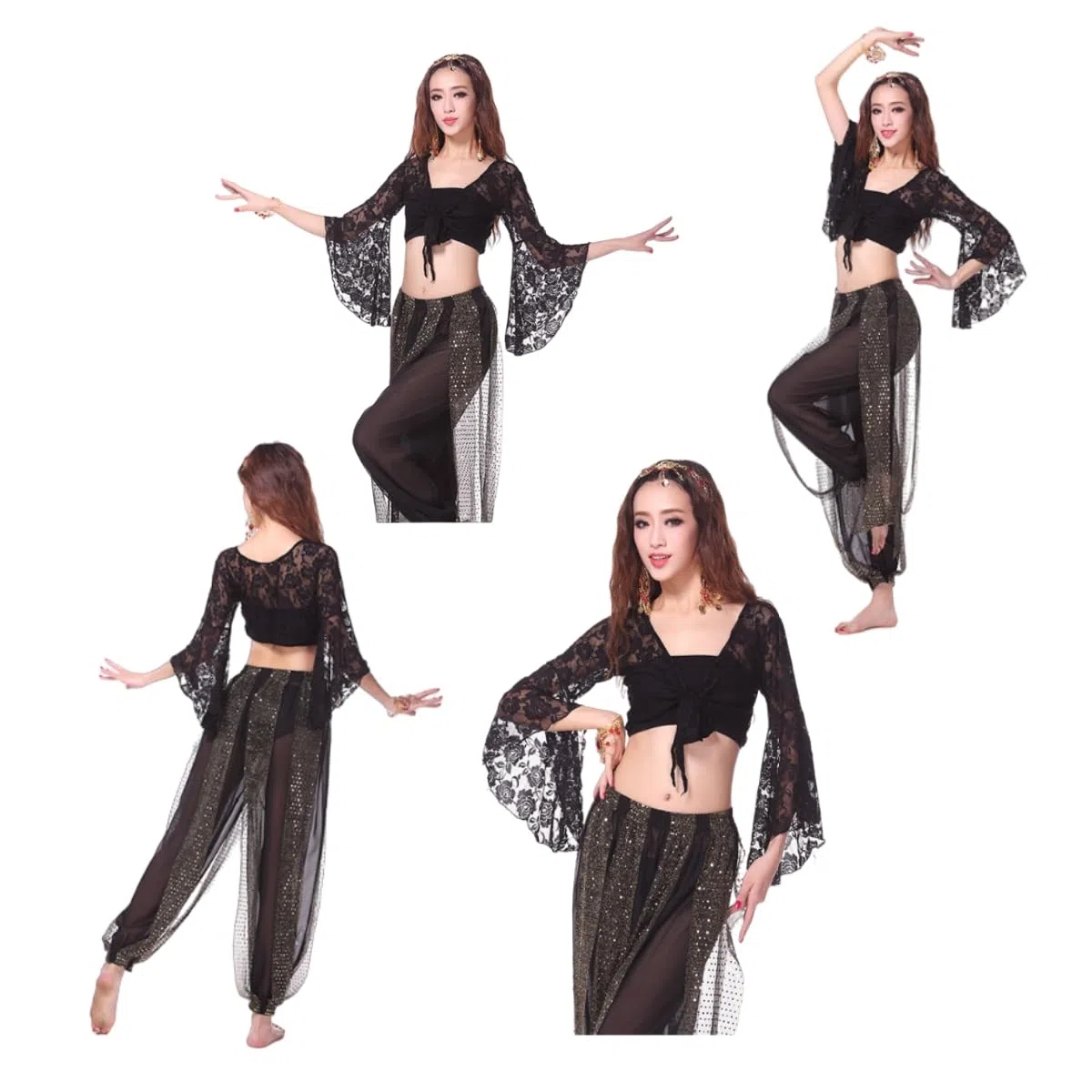 Top da donna per danza del ventre, top avvolgente con maniche svasate a 3/4, top corto con scialle floreale fasciato con nodo per abbigliamento da ballo, top corto con farfalle in pizzo per danza
