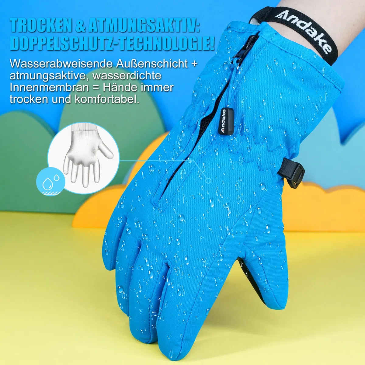 Andake Bambini Guanti da Sci, 3M Thinsulate Ragazzi e Ragazze Guanti Invernali Caldo Impermeabile A prova di vento per Sci, Palla di neve e Sport invernali all'aperto (Blu, 2-4 anni)
